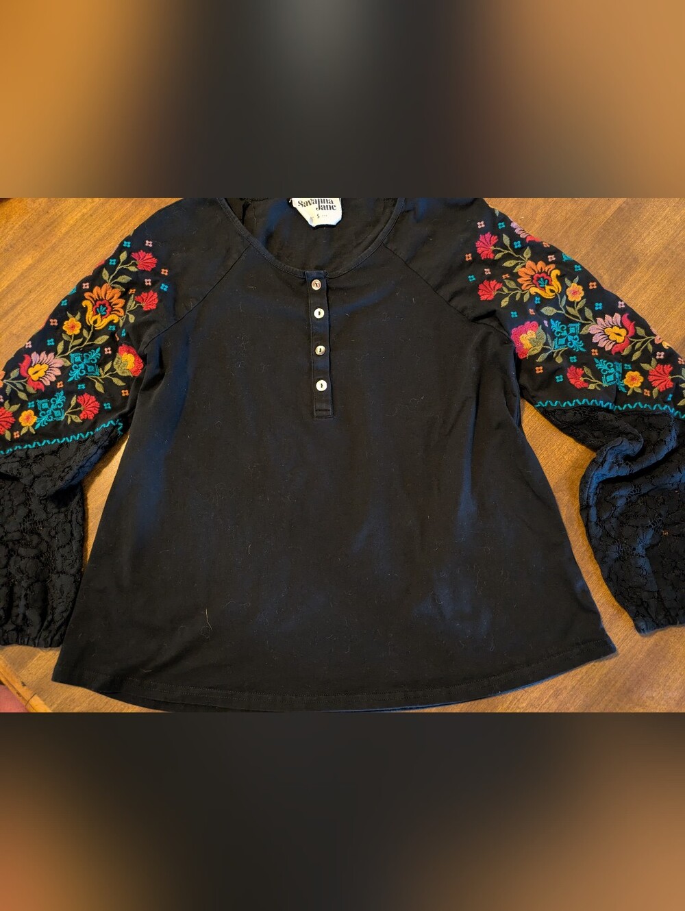 Savanna Jane Black Henley Embroidered Crochet Sleeves Small